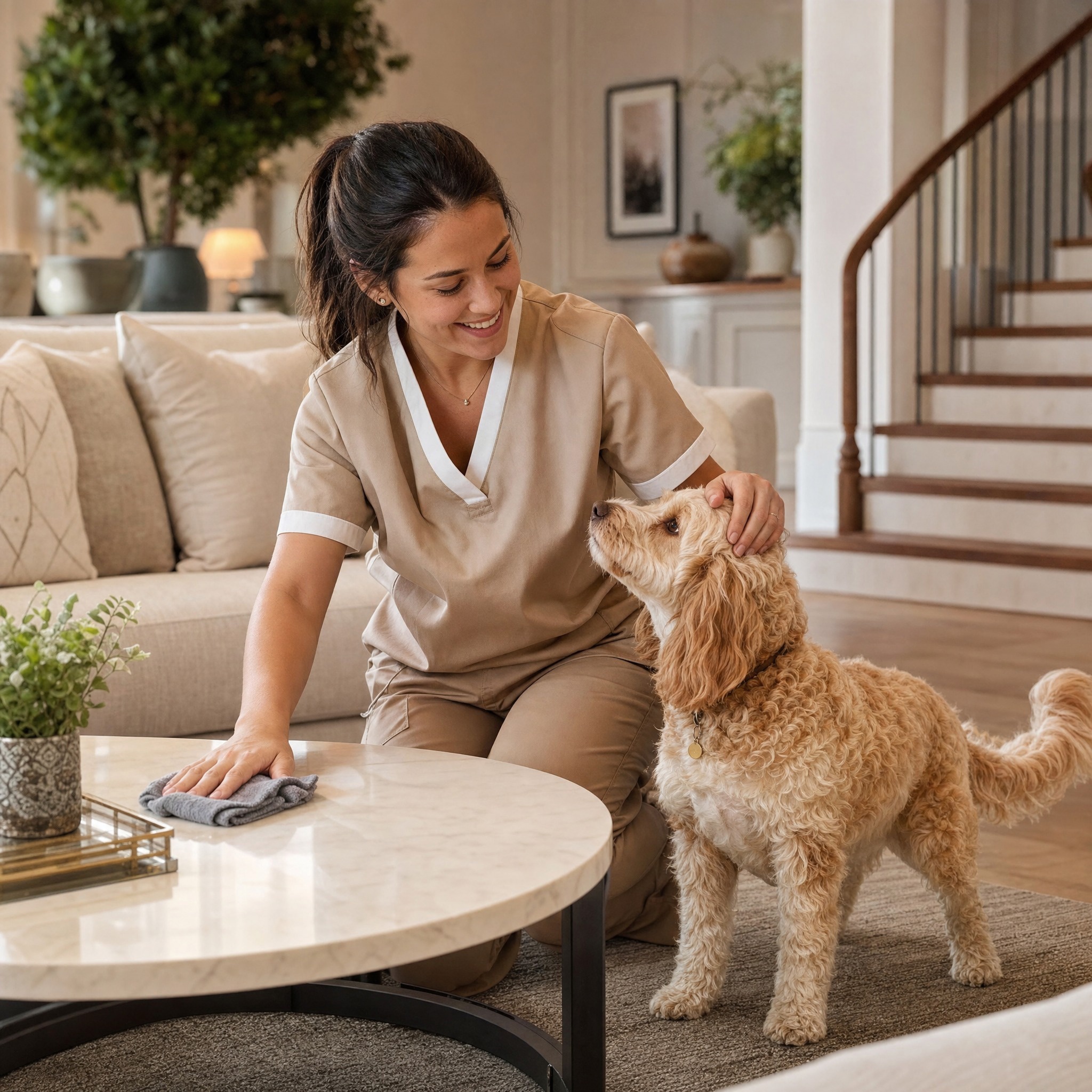 Sarah with a pet in a welcoming home