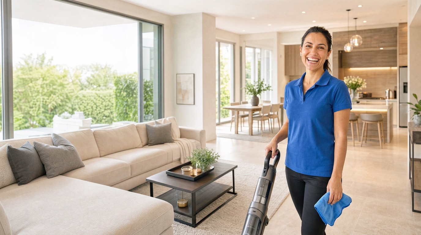 A smiling Clean Fridays professional vacuuming a bright Melbourne home