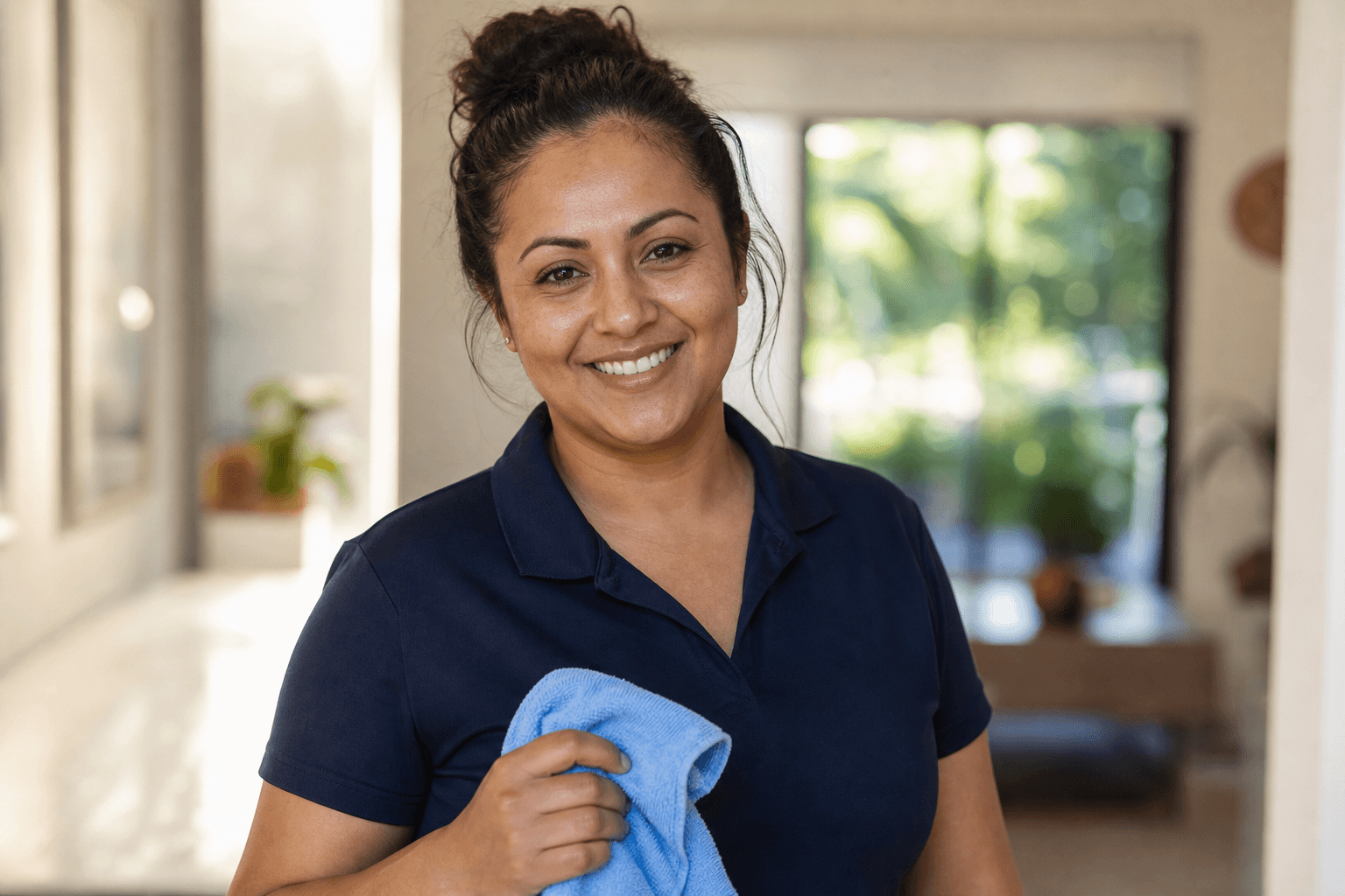Professional cleaner smiling warmly in natural Australian light